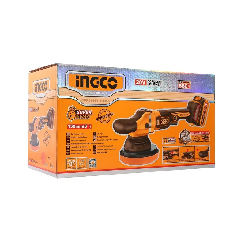 INGCO เครื่องขัดเงาไร้สาย Brushless 20V ขนาด 6" นิ้ว พร้อมแบต 4.0Ah x1 ก้อน รุ่น APLI20151 - Image 8