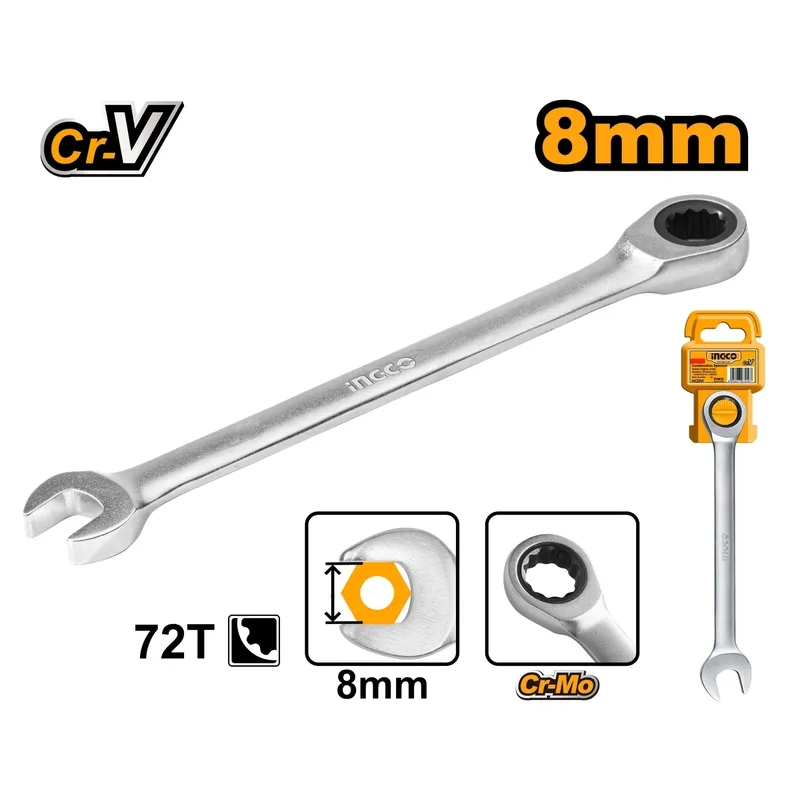 INGCO ประแจแหวนเกียร์ (Ratchet Wrench) เบอร์ 8 มม. เหล็ก CR-V รุ่น HCSPAR081