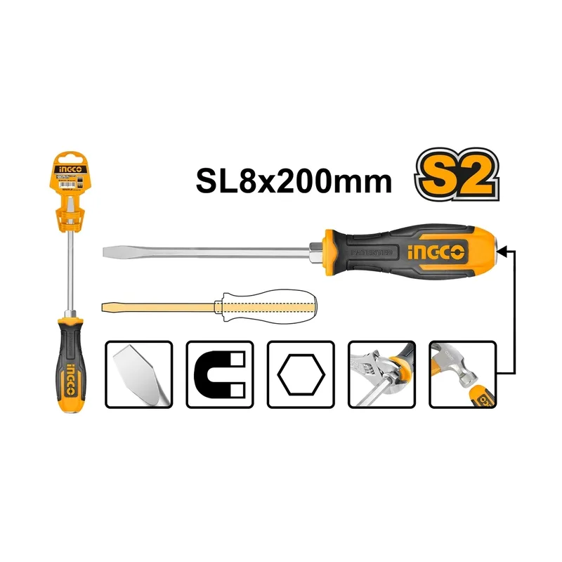 INGCO ไขควงปากแบน ตอกได้ ขนาด 8.0×8×200 มม. เหล็ก S2 รุ่น HGTS688200