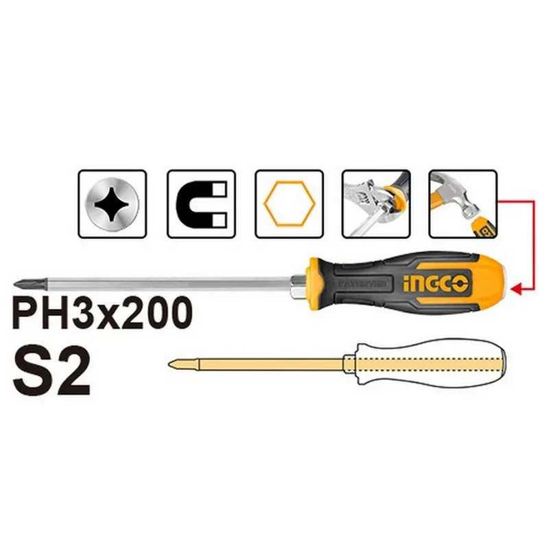 INGCO ไขควงปากแฉก ตอกได้ แกนหกเหลี่ยม PH3×200 มม. เหล็ก S2 รุ่น HGTS68PH3200