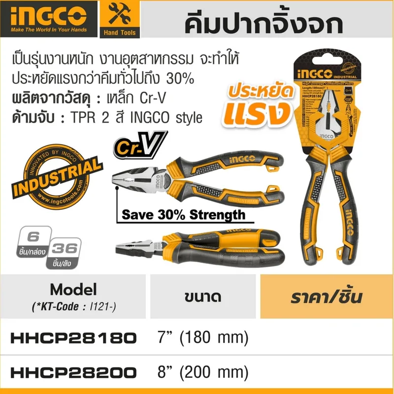 INGCO คีมปากจิ้งจก 7 นิ้ว เหล็ก CR-V รุ่นประหยัดแรง - Image 2