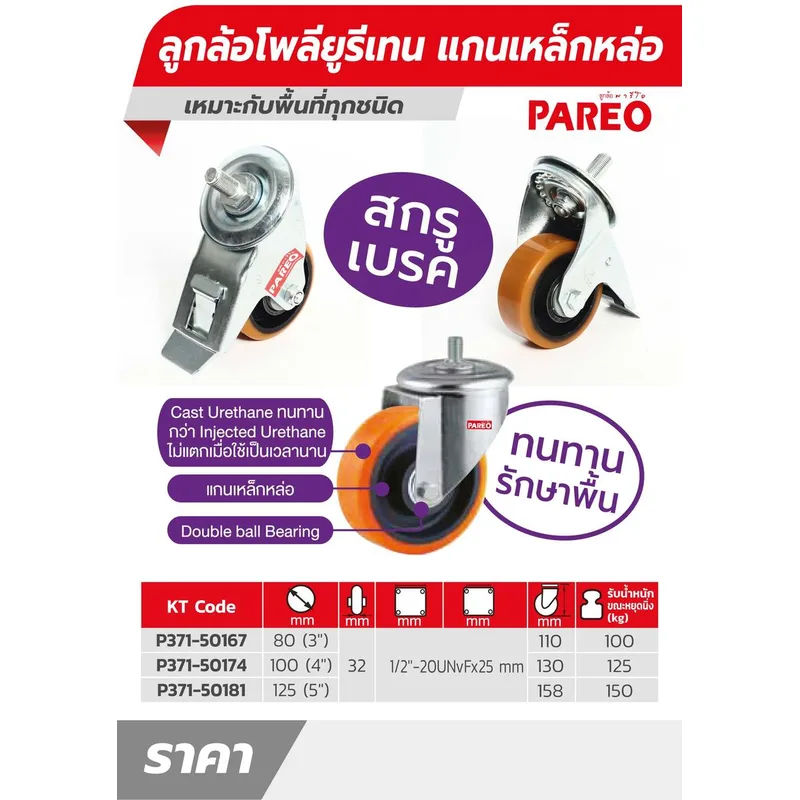 PAREO ลูกล้อโพลียูรีเทนแกนเหล็กหล่อ สกรูเบรค 125 มม. (5 นิ้ว) รับน้ำหนักได้ 150 กก. - Image 4