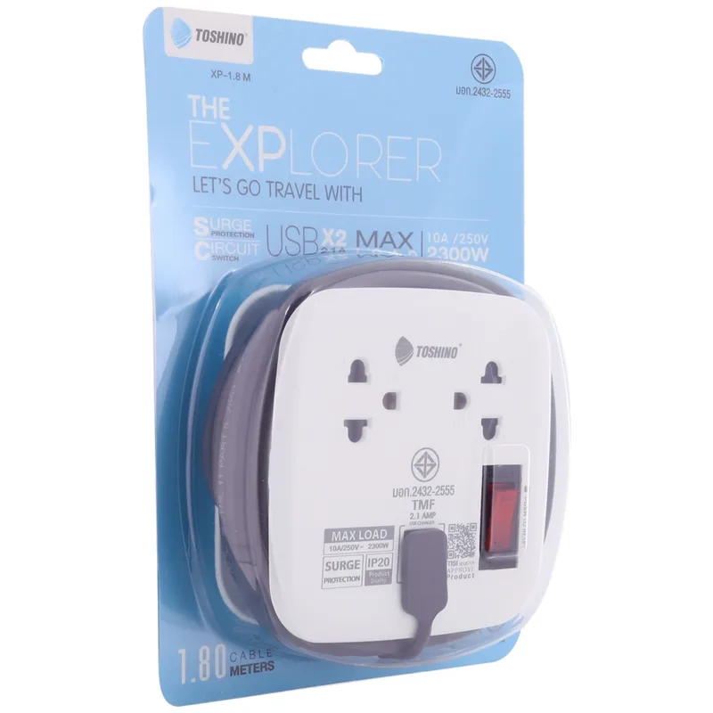 TOSHINO ปลั๊กพ่วง 2 ช่อง 2 USB 1 สวิตช์ สายไฟ 1.8 เมตร 10 แอมป์ รุ่น XP-1.8M - Image 7
