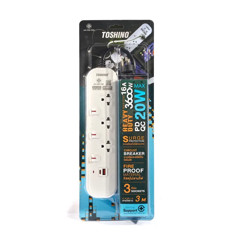 TOSHINO ปลั๊กไฟ 3 ช่อง 3 สวิตช์ +USB 1C /1A 20W สายยาว 3 เมตร 16A 3600W