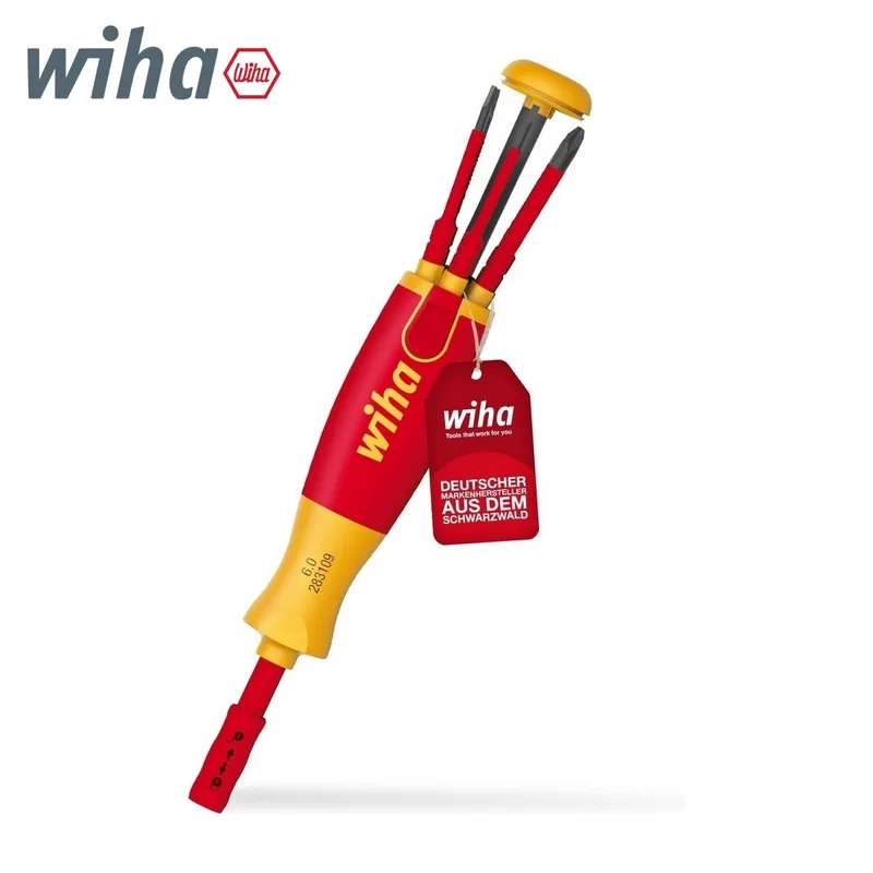 WIHA ไขควงกันไฟแบบมีช่องเก็บบิตในตัว LiftUp Electric หัวแบน/แฉก ปลาย slimBit 6 ชิ้น ร
